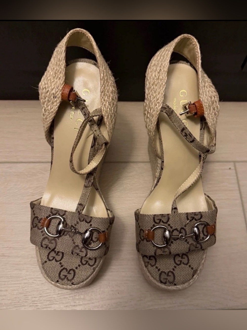 Gucci Beige GG Canvas Horsebit Espadrille Wedge Sandals